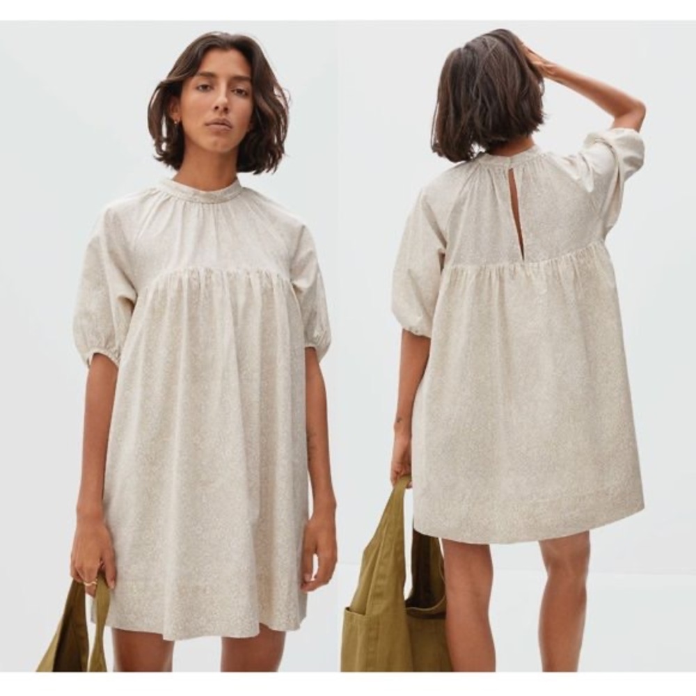 EVERLANE Shirred Mini Yoke Dress in Sandstone Floral Tan Puff Sleeve Flowy NEW